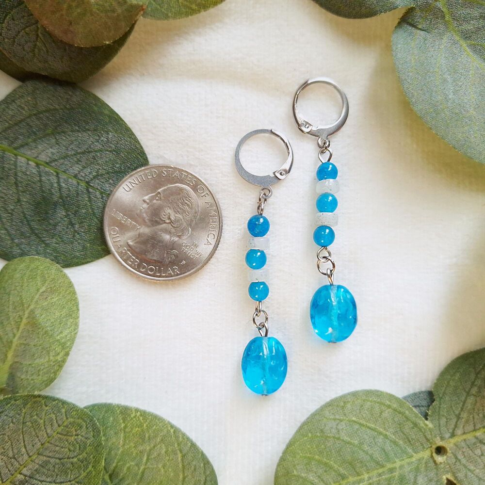 Aqua Quartz & Glass Earrings, Stainless Steel Leverback - Picture 5 of 9